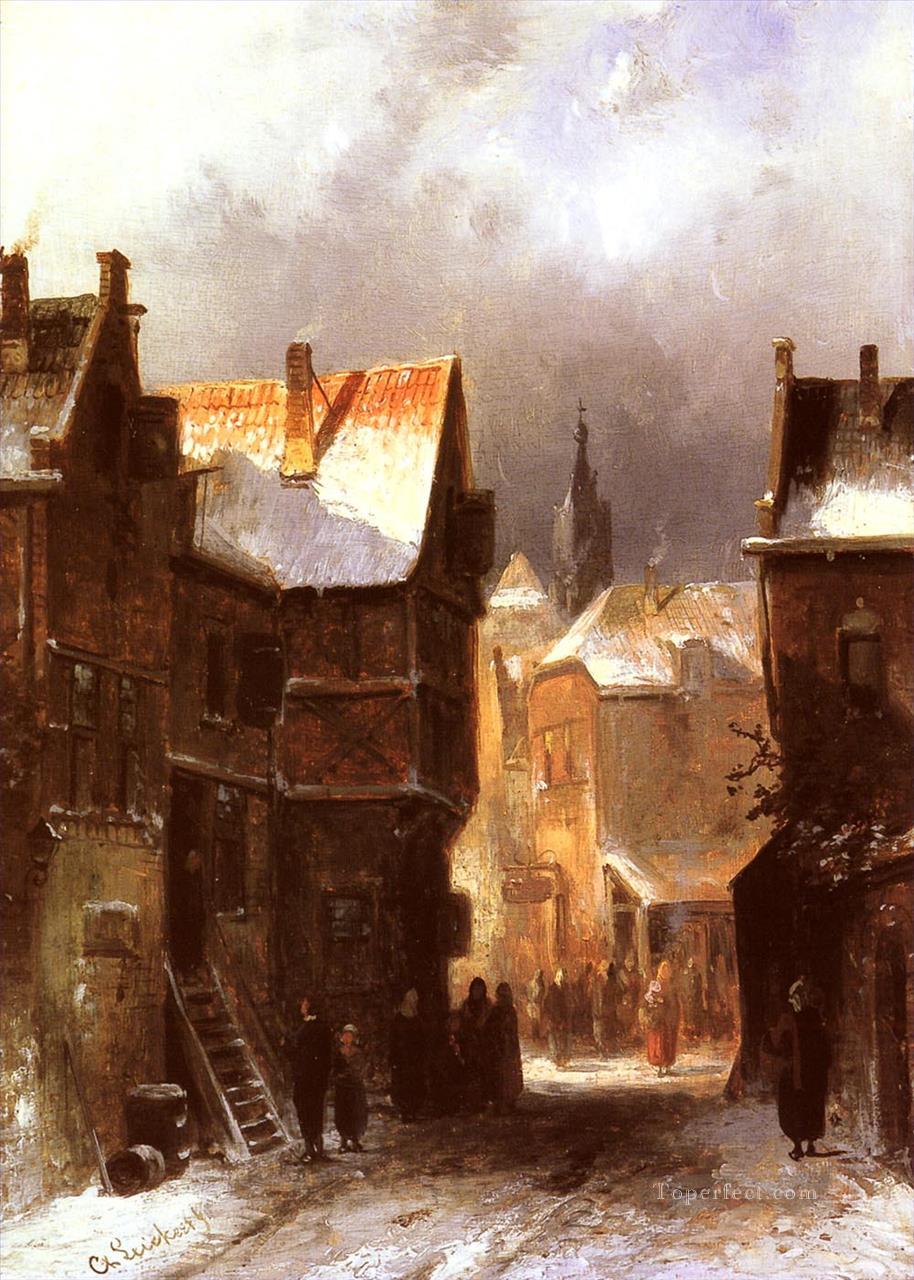 冬のオランダの町の風景 チャールズ・ライカート油絵